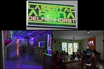 Das Bild ist eine Collage. Man sieht drei Bilder, die die Lasertag-Halle zeigen.